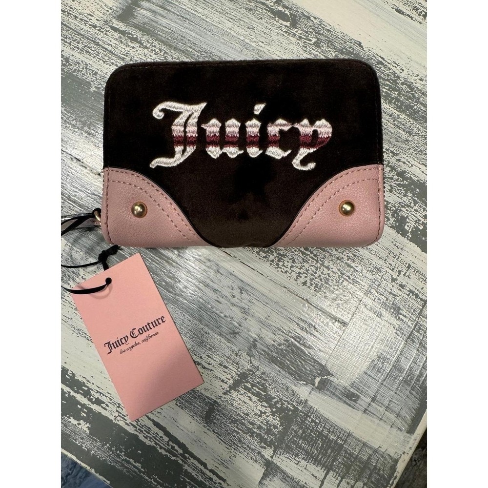 Juicy Couture Wallet Women OS Brown Pink NWT Velvet Embroidered Double Zip